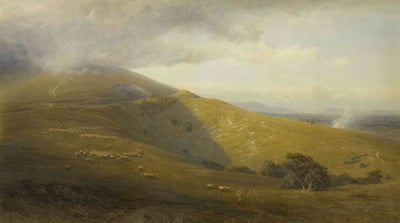 A classical painting of rolling green hills with sheep grazing on them.