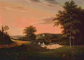 A classical painting of a natural landscape at sunset with a white house in the distance.