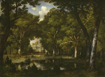 Fine art painting of woods with person in the background