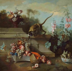 Classical painting of a small monkey reaching out to pick fruit from a still life arrangement.