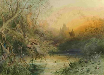 Fine art painting of fairies around a lake