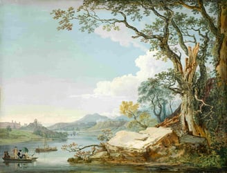 A classical painting of a riverbank with a large tree that leans over the river and two paddle boats with people in.