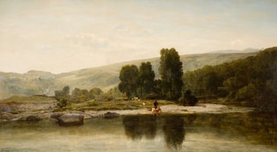 Fine art painting of a lake and trees with a person sitting in the background
