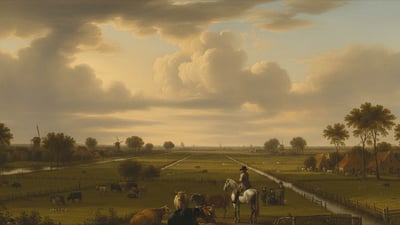 Fine art painting with cattle, a horse and a family in the foreground