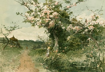 a painting of the countryside with a blossom tree