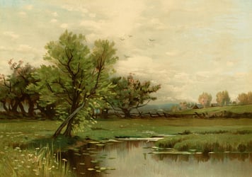a painting of a tree, lake and hills in the distance