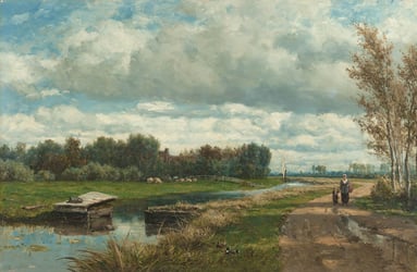 a painting of a winding river in the remote countryside