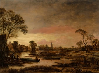 Classical painting of a village next to a river with a church spire in the background and people in boats in the foreground.