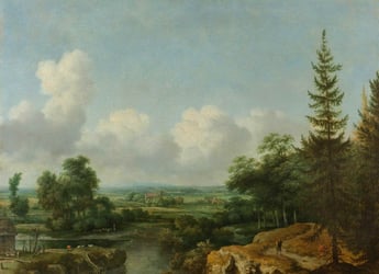 Painting of a rural landscape with a river and winding path in the foreground, surrounded by trees.