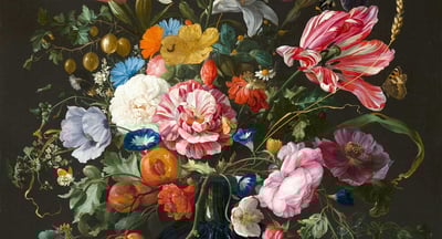 A classical still-life painting of a large bunch of flowers of many colours.
