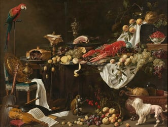 Classical painting of a table filled with food with a small monkey and small dug underneath.
