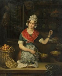 Fine art painting of a woman in a kitchen with basket of fruit