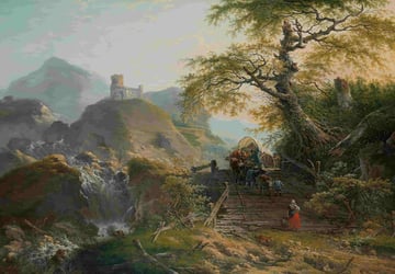 A classical painting of a hilly landscape with a wooden bridge under a tree in the foreground, with people and wagons crossing the bridge.
