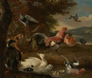 Fine art painting of birds and a dog