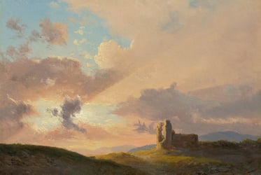 Painting of the sun breaking through clouds shining on a ruined stone building on a hill.