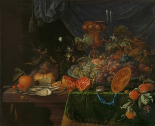 Classical painting of a large table filled with food on top of a green tablecloth.