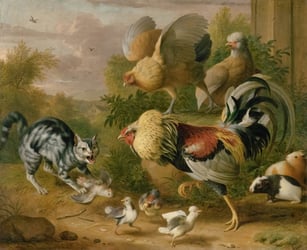 Classical painting of a cat arching its back and hissing at a group of birds.