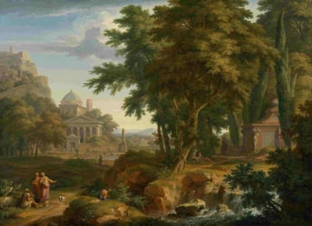 A classical painting of ancient buildings surrounded by nature and people in the foreground and background.