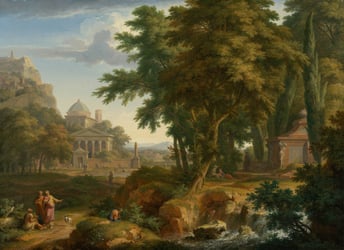 Painting of an ancient city next to a woods.