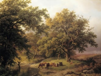 Classical painting of a herd of cows on the edge of a forest with herders.