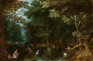 a painting of villagers working in the woods