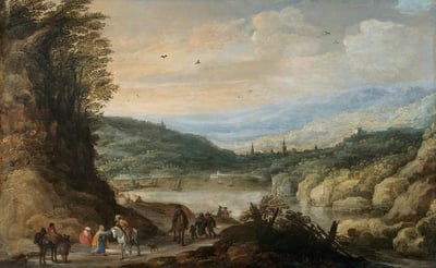 Fine art painting of scenic view with people in the foreground