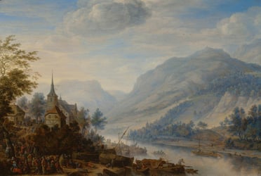 Classical painting of a village on a hill next to a river and mountains.