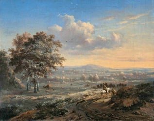 A classical landscape painting with a horse and rider in the foreground.