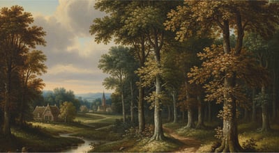 Classical painting of a woodland with a house and church in the background.
