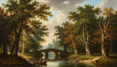 Painting of a bridge over a body of water in the woods with a person in a rowboat at the forefront