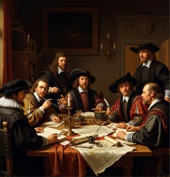 Fine art painting of men around a table signing papers