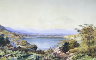 A painting of a blue lake
