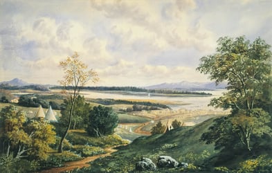Painting of the countryside with a path winding through it and tents throughout the fields.