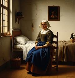 Fine art painting of woman sat on a chair in a bedroom