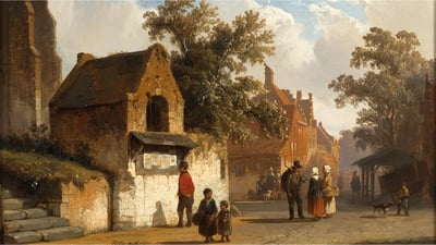 a painting of a humble village scene