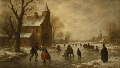 Fine art painting of ice skaters on a frozen lake