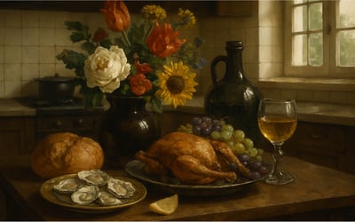 a painting of some simple but hearty food