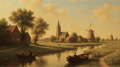 a painting of an old building on the river