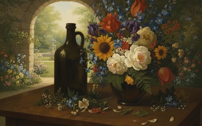 Painting of a brown glass bottle next to a large vase of flowers.