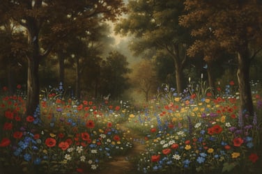 a painting of a flower-laden meadow