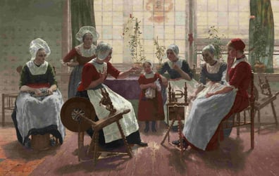 Classical painting of a group of women wearing red dresses and white bonnets and aprons, sitting in front of traditional textile machines.