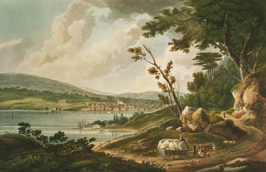 Classical painting of a town next to a large lake, with trees and a person in a wagon pulled by ox in the foreground.