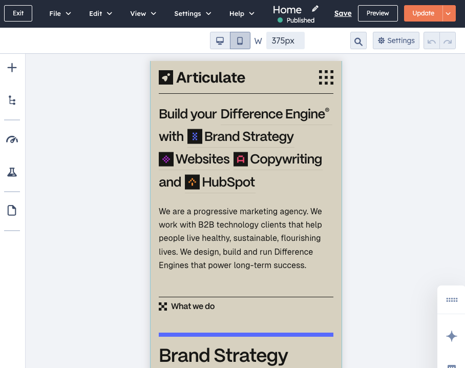 A preview of the Articulate Marketing homepage on mobile, viewed through the HubSpot editor. The homepage has a beige background with a large, bold headline that reads 'Build your Difference Engine with Brand Strategy, Websites, Copywriting and HubSpot'