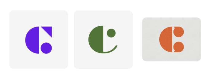 A series of C-shaped logos in different styles and colours - purple, green and orange.