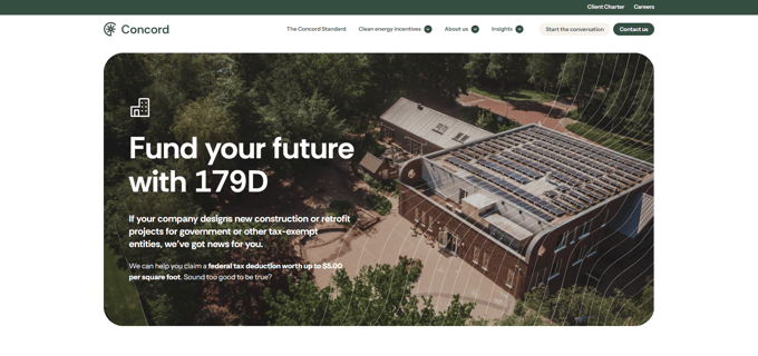 A screenshot of the Concord website which has forest green accents, a hero image that shows a building with solar panels on top, and a message that reads 'Fund your future with 179D'