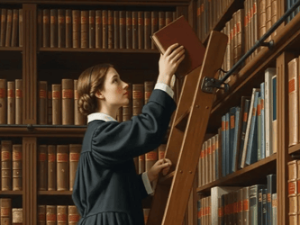 Painting of a female librarian on a ladder putting a book back on a high shelf.