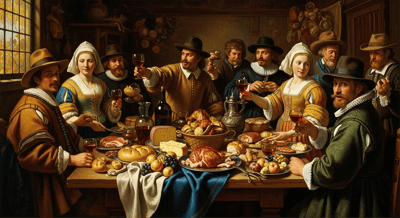 Fine art painting of group of people around a table 