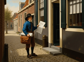 Fine art painting of person delivering a newspaper