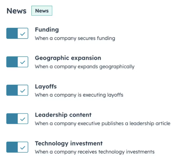 Image of toggles in HubSpot for news alerts for buyer intent signals such as funding and layoffs.