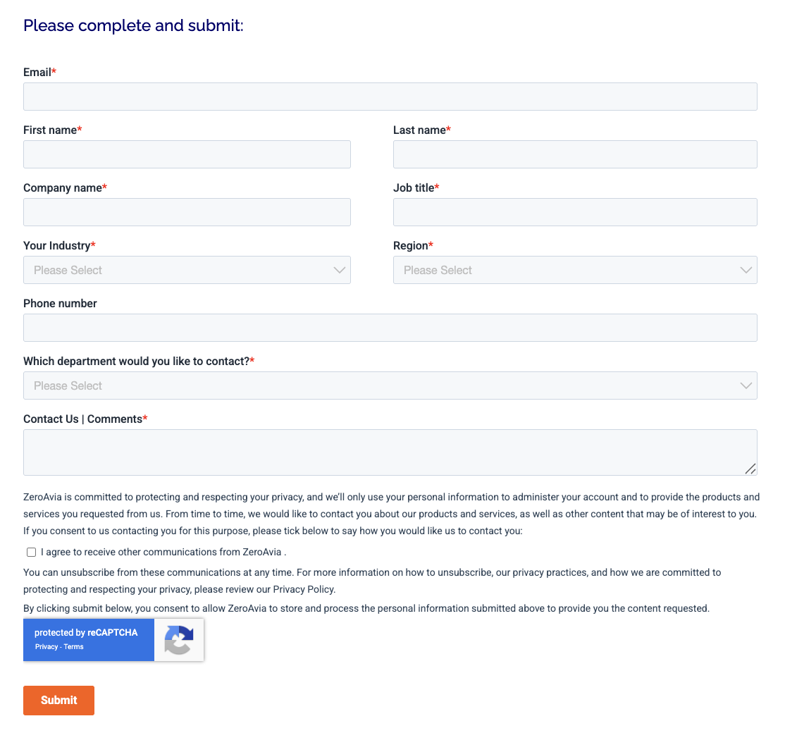 A contact form on the Zeroavia website.